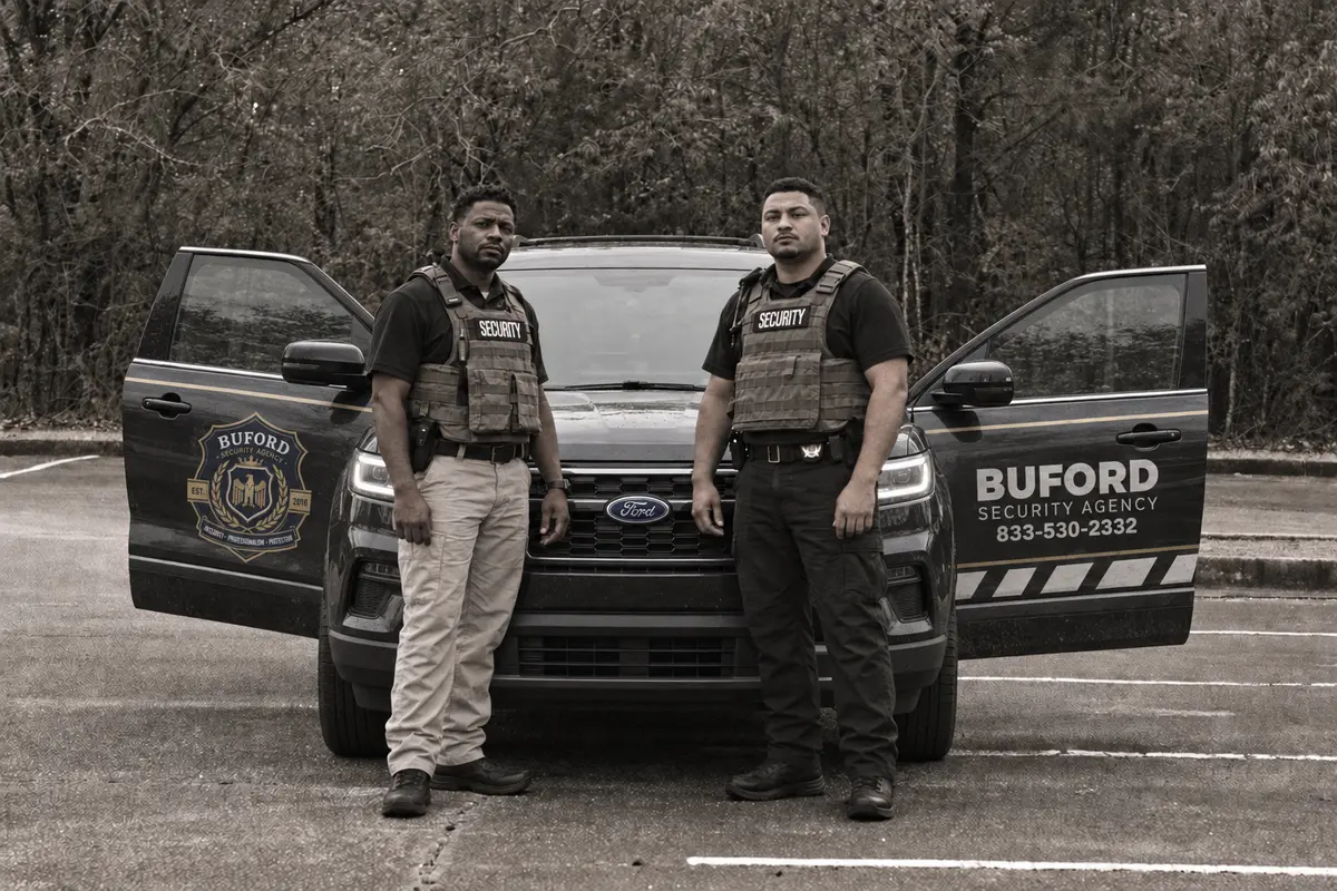Two illustrative security guards beside a modern Buford Security patrol SUV with door decals
